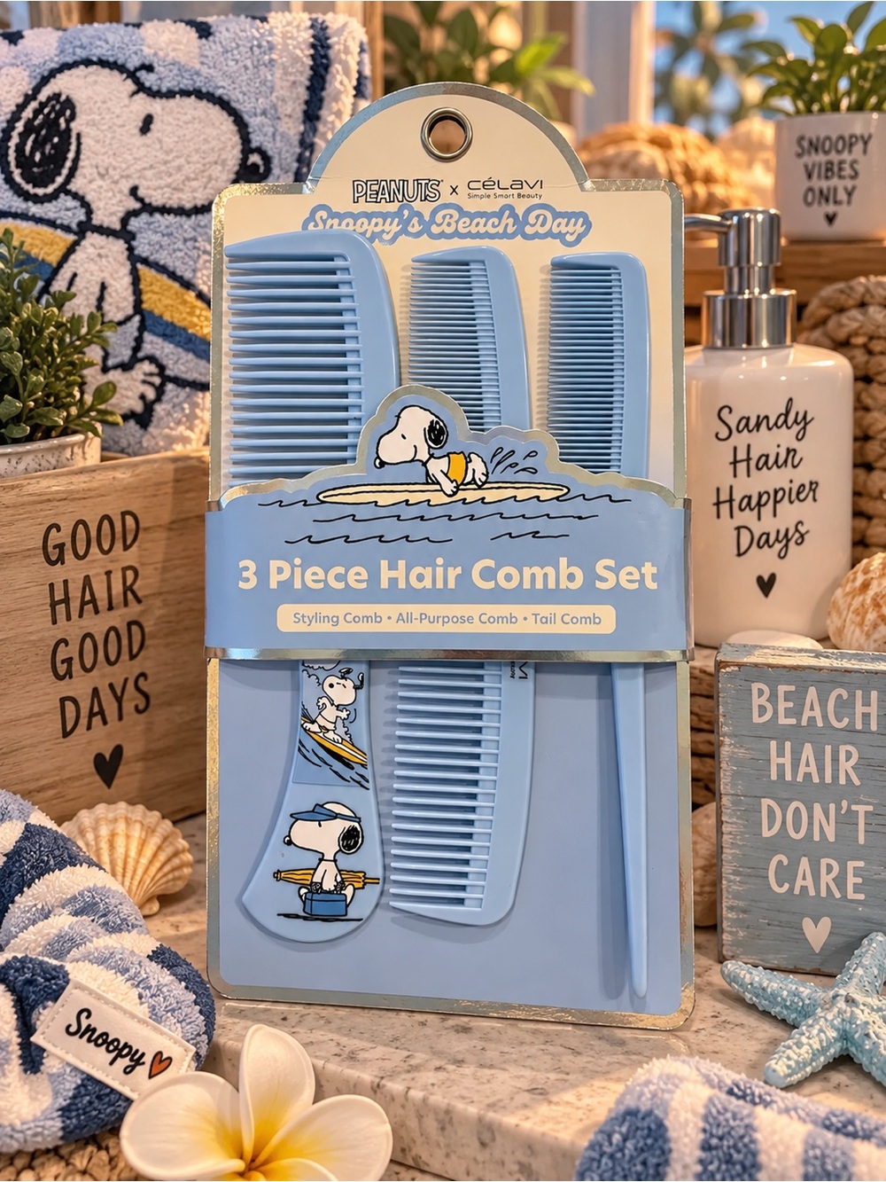 Peanuts Beach day Limited Snoopy Light Blue 3-Piece  Hair Comb Set